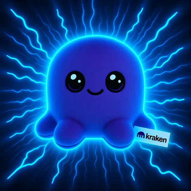 Purple Beast plush glowing with electric blue energy and a Kraken tag