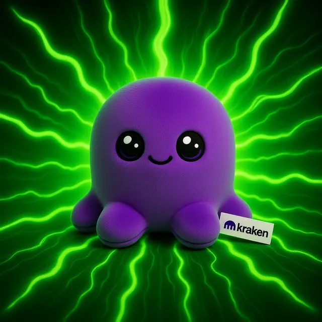 Purple Beast plush surrounded by neon green energy and a Kraken tag
