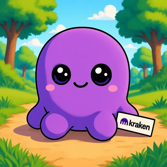 Cartoon Beast sitting on a sunny forest path holding a Kraken tag
