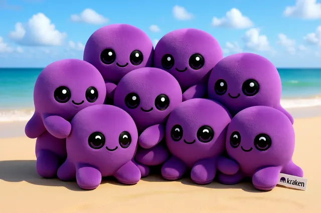A group of purple Beast plushies huddled together on a beach