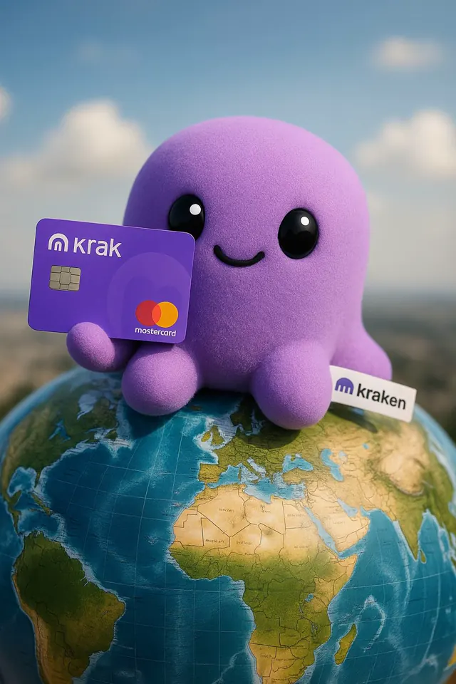 Beast holding a purple payment card while sitting on a globe