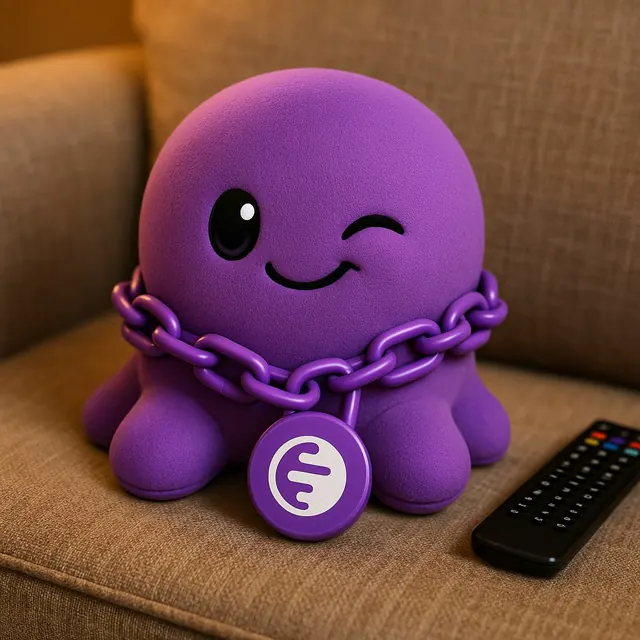 Winking Beast on a sofa wearing a purple chain and medallion