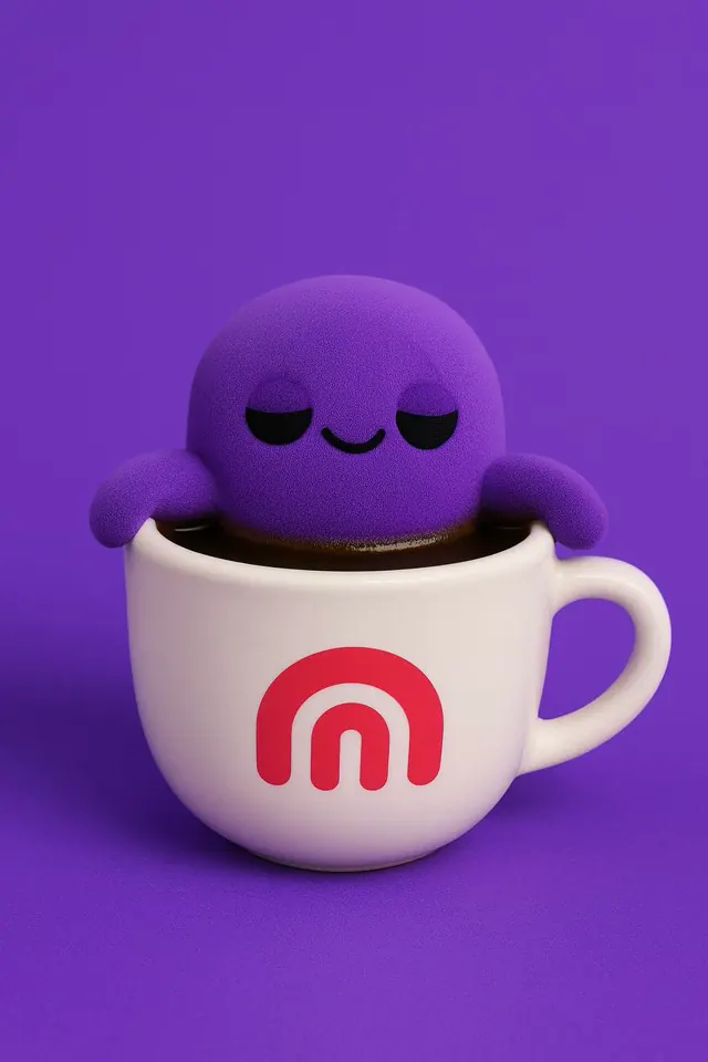 Sleepy Beast resting inside a white mug on a purple background