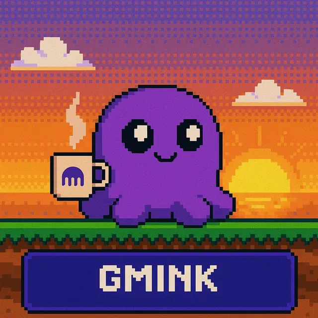 Pixel-art Beast holding a steaming mug at sunset