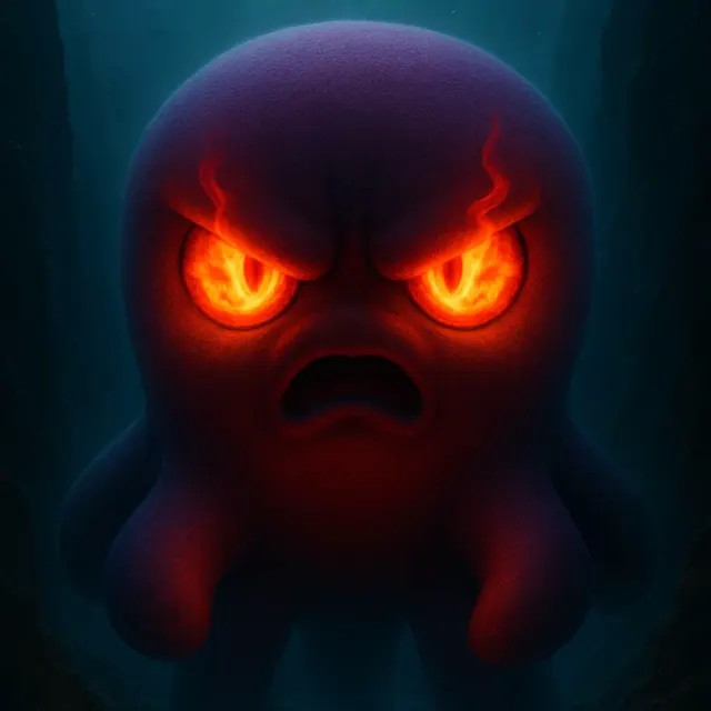 Angry Beast with glowing fire eyes in a dark cavern