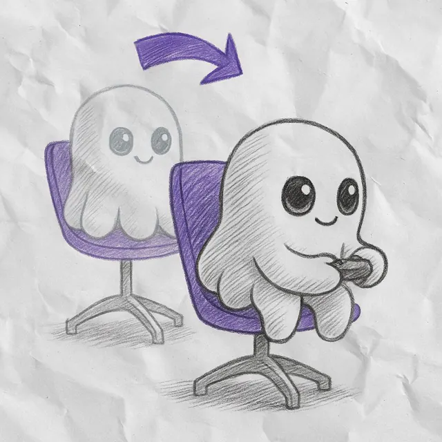 Pencil sketch of Beast moving between swivel chairs with a game controller