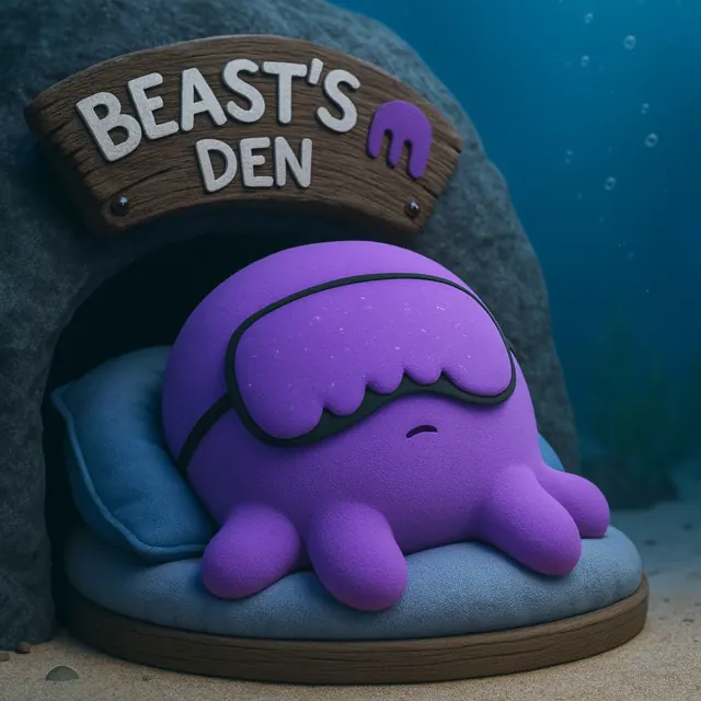 Sleeping Beast wearing an eye mask in an underwater den