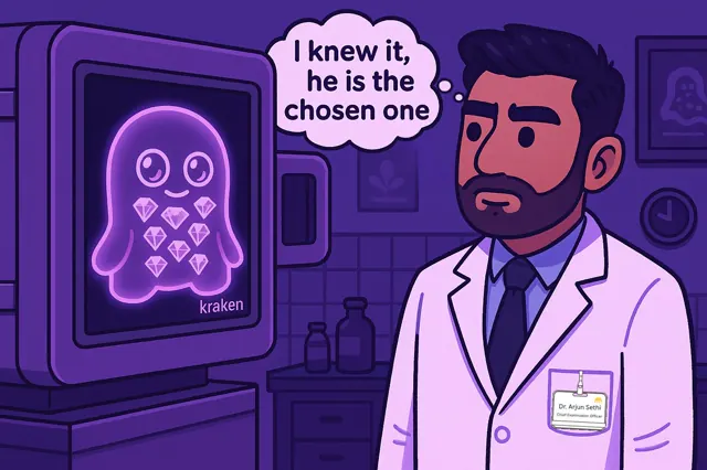 Cartoon scientist viewing a diamond-filled Beast in a scanner