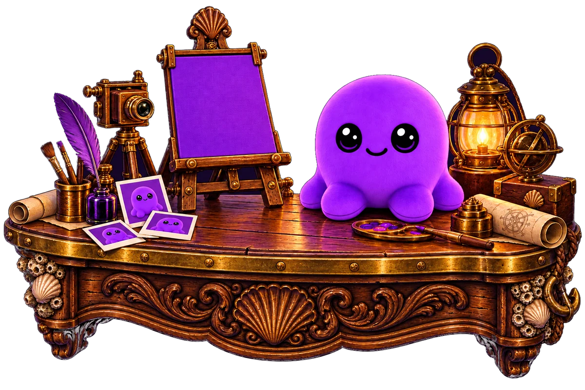 Beast beside an easel and camera at his carved undersea artist’s workbench
