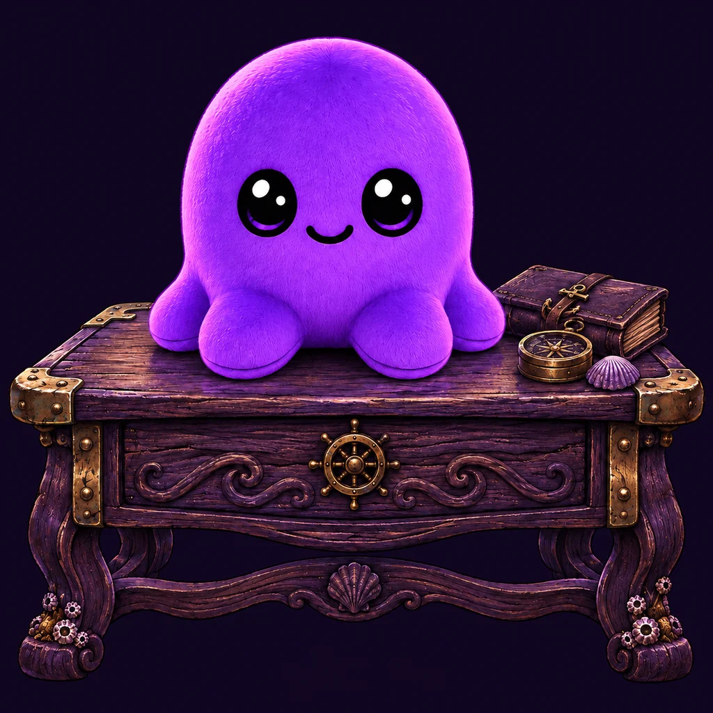 Beast sitting proudly on his carved captain's desk, with a little logbook and brass compass