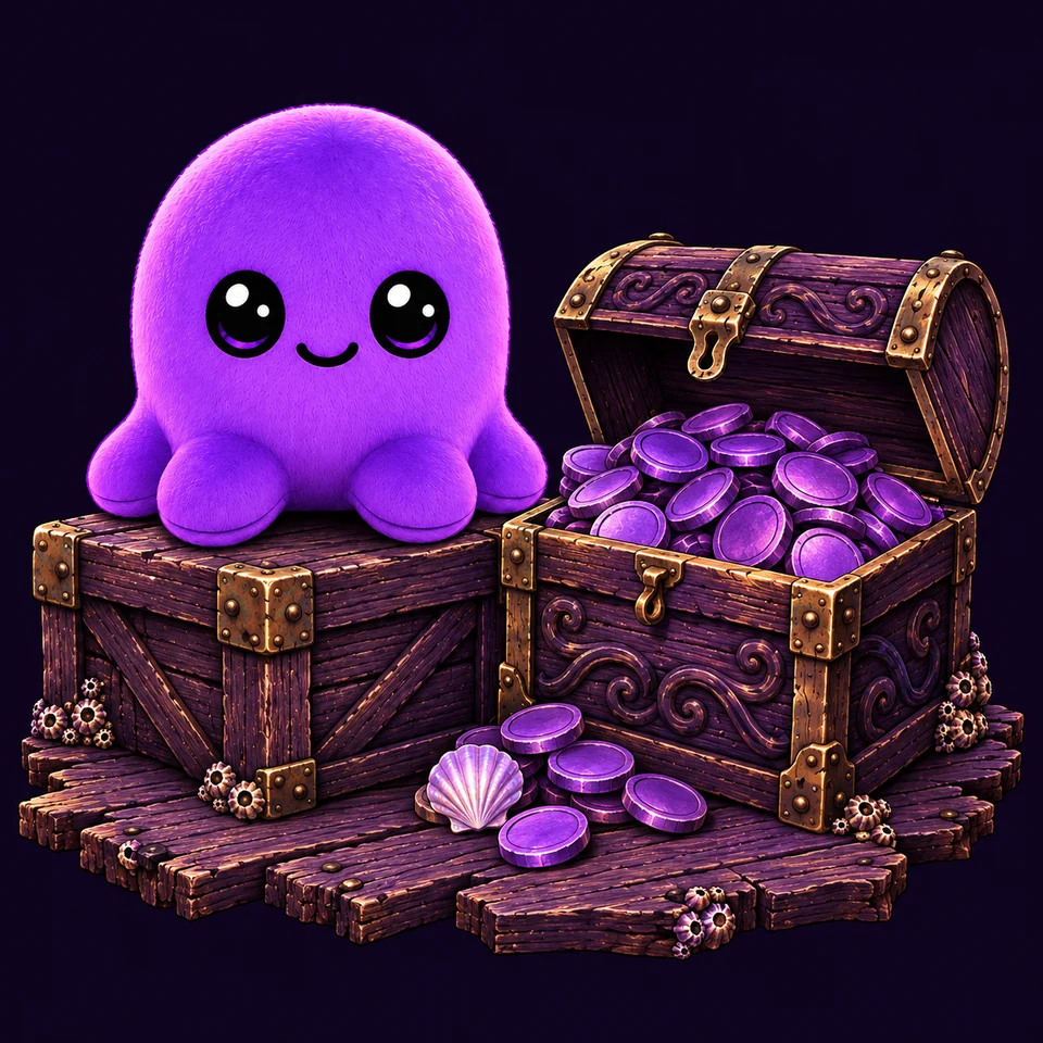 Beast perched proudly on a shipping crate beside an ornate chest overflowing with purple tokens