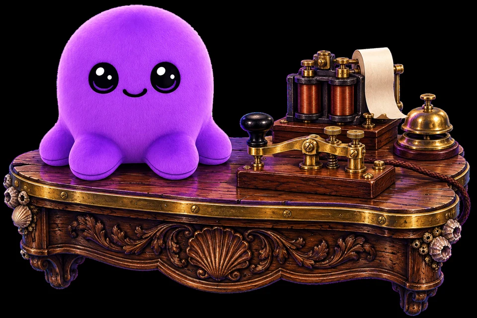 Beast at his carved walnut desk beside a brass telegraph key, copper-coil receiver and little bell