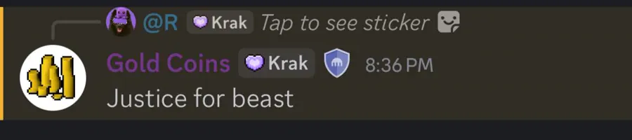 Kraken staff saying Justice for Beast in Discord