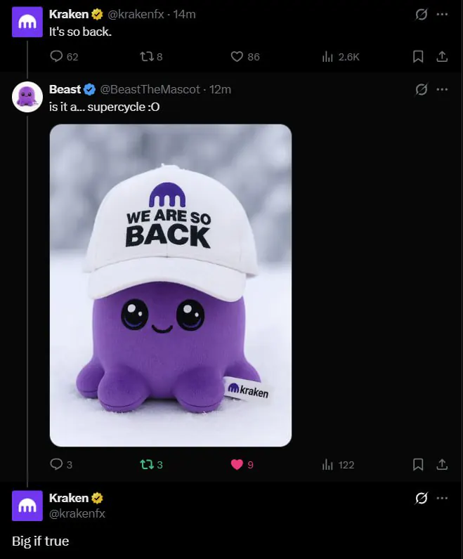 Kraken accounts replying to Beast posts on X