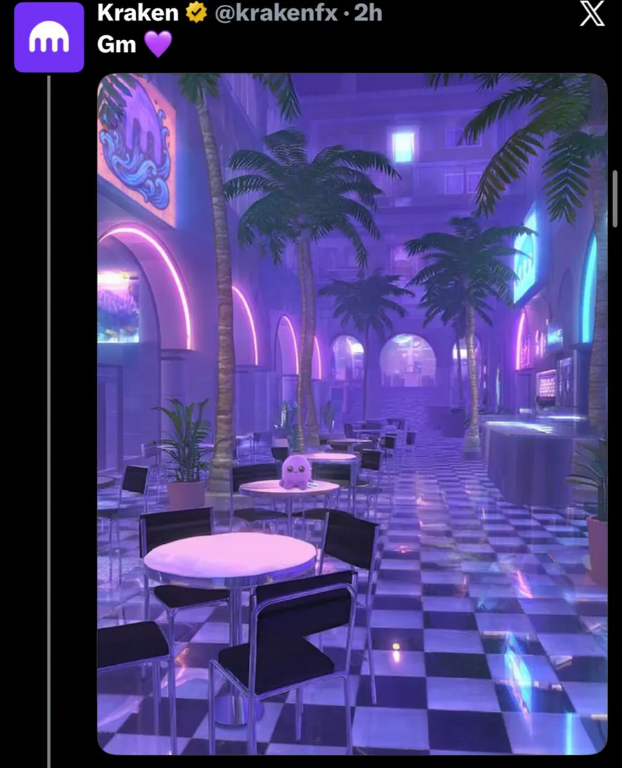 Beast sitting in a purple cafe in Kraken's good morning post