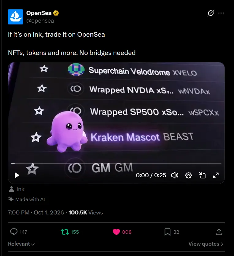 OpenSea’s post of its Ink advert, with Beast swimming past the Kraken Mascot BEAST listing